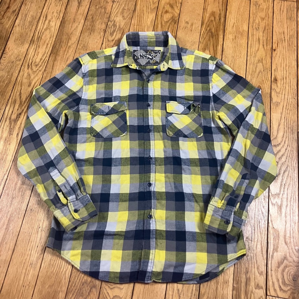 NSS Mens Yellow Grey Plaid Flannel Button Down‎ Shirt Large 100% Cotton
